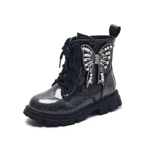 Autumn Winter New Bow Princess Boot Fashion Glitter Shiny Ankle Boots Soft Sole Non-Slip Kid Shoe