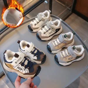 Autumn Winter New Design Cotton Fabric Plush Soft Sole Walking Running Shoes for Boys and Girls