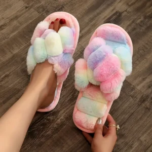 Autumn Winter Women’s Cross Border Fur Plush Slippers Open Toe Home Outer Wear Cotton Fashionable Cross Belt Design