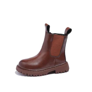 Autumn and Winter New Children Brown Boots Plush and Warm Girls Boots Children PU Waterproof Short Shoes