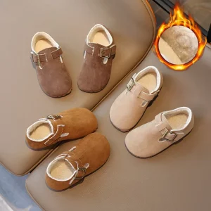 Autumn and Winter New Retro Suede Kids Loafers with Cotton Lining for Warmth