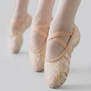 BW117 Iridescent Lace Ballet Shoes For Girls Soft Sole Slip On Kids Dance Slippers No Tie Training Shoes For Stage Performance