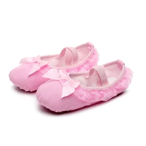 BW18 Factory Direct Kids Dance Shoes Girls’ Ballet Slippers With Lace Trim Bow Pink Soft Sole Practice Shoes For Children