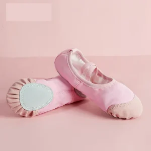 BW68 Unisex Breathable No Tie Canvas Ballet Slippers With Leather Toe Caps Flat Split Sole Dance Shoes For Gymnastics Training