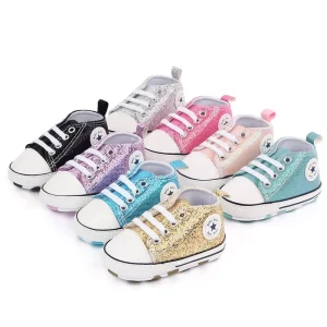 Baby Boys Girls Canvas Sneakers Newborn First Walkers Soft Sole High Top Ankle Infant Glitter Crib Shoes M3775