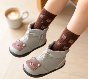 Baby Boys Girls Grey Bear Cartoon Ankle Boots Soft Sole Warm Toddler Leather Boots Non Slip First Walker Shoes