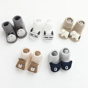 Baby Cotton Cartoon Animal Bear Elephant Cat Lion Moon Crown Floor Ankle Non Skid Bootie Socks with Grips Soles