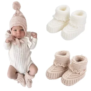 Baby Cotton Knit Booties Solid Color Crew High Breathable Winter Knitted Socks Shoes for Newborn Baby Boys Girls