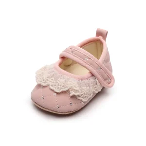 Baby Girls 0 1 Year Old Infant Shoes Soft Sole Lace Edge Princess Style First Walker Shoes in Stock