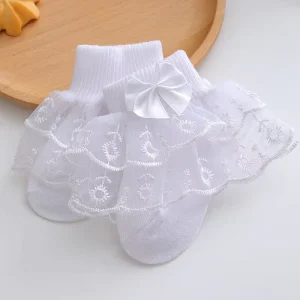 Baby Girls Lace Ruffle Socks Summer Thin Mesh Breathable Toddler Princess Socks Double Layer Ribbon Bow Newborn Infant Crew Sock