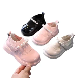 Baby Girls Leather Shoes Children Sneakers Sweet Princess Toddlers Flats Autumn Kids Black Pearls Beading