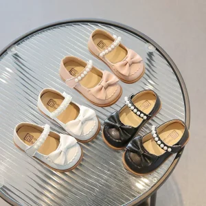 Baby Girls Leather Shoes New Trend Fashion Mary Jane Shoes Toddler Princess Bow and Pearl Dress Shoes Kids