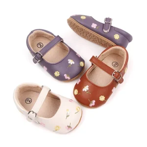 Baby Girls Mary Jane Flats PU Leather Infant Dress Summer Sandal Floral Embroidery Princess Shoes 0-18M
