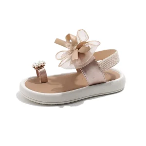 Baby Girls’ Summer Flat Princess Bow Sandals Pearl Mesh Decor Soft Sole Toddler Casual Children Shoes