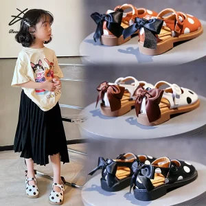 Baby Kids Fashion Princess Shoes Summer Autumn Children’s Polka Dot PU Leather Bow Sandals Dance Shoes School Girls Dress Shoes
