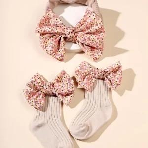 Baby Socks Bowknot Headband Set for Infant Unisex Anti Slip Floor Socks Flat Shoes Indoor Socks Infant Hairband