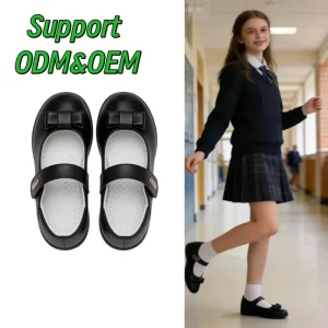 Babyhappy Fashion Customized School Teenagers Boy Formal Occasion Uniform All Black Leather Kids Shoes for Kids