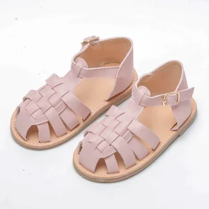 Babyhappy Summer Kids Children Girl Leather Woven Sandals Anti slip Rubber Sole Flat Braided Sandals Shoes