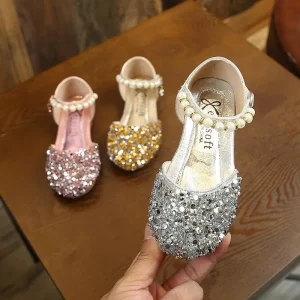 Beautiful Bling Bling Princess Shoes Soft Soled Pearl Sequin Fabric Dancing Kids Shoes