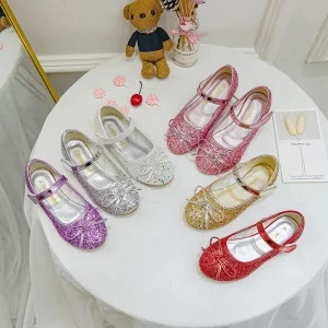 Beautiful Bow Children’s Princess Wedding Shoes Sequins Kids Performance Footwear for Dance Purple Girls Dress Shoes