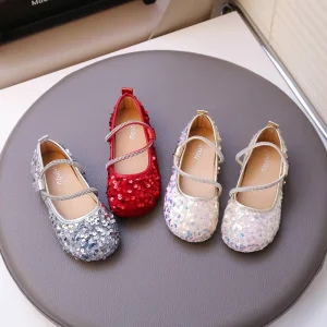 Beautiful Girls’ Princess Shoes Fashion Sequined Children’s Performance Dance Footwear Red Wedding Kids Dress Shoes