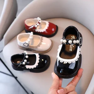 Beautiful Sweet Shoes for Girls Black Patent Leather Kids Dress Footwear Pearl Design Small Red Children’s Party Shoes