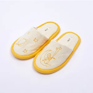Beige Canvas Hotel Slippers with Cork Sole and Planet Embroidery Logo for Kids Family Homestay