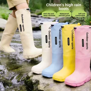 Big Kids Above Knee Thickened PVC Rain Boots Tall Drawstring Waterproof Boots for School Non Slip Minimalist Style Boys