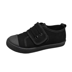 Black Canvas PVC Casual School Shoes with Hook & Loop Fastening for Casual Walking
