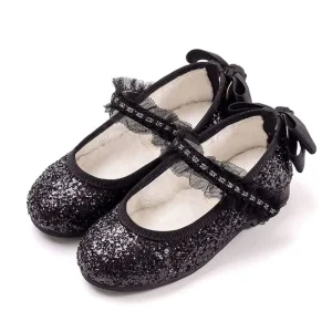Black Lace Decoration Fur Lining Flat Ballet Autumn Winter Fashion Party Footwear Kids Shoes