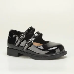 Black Patent Double Strap Girls Mary Jane Shoes Low Block Heel Anti slip School Uniform Kids Dress Flats
