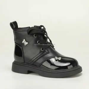 Black Patent Spliced Rhinestone Butterfly Girls Martin Ankle Boots Lace Up Side Zipper Flat Warm Winter Princess Kids Boots