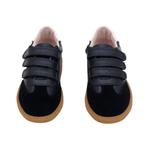 Black Plain Grain Leather Children Shoes Triple Hook and Loop Strap Casual Shoes Unisex Kids Sneakers