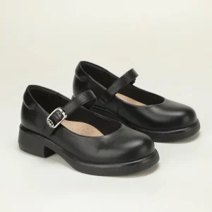 Black Strap Buckle Girls Mary Jane Shoes Low Block Heel Breathable School Uniform Leather Shoes Daily Casual Kids Shoes