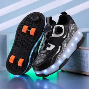 Black White LED Light Up 4-Wheel Rechargeable Luminous Wheeled Shoes With Rotary Buckle For Boys Teens