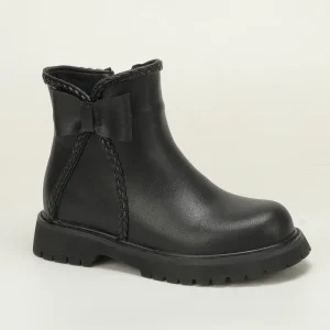 Black Woven Trim Bow Girls Leather Ankle Boots Side Zipper Lug Sole Princess Style Warm Winter Kids Boots