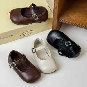 Black and Brown PU Kids Dress Shoes Walking Style Fashion White Party Wear Footwear Rubber Soft Flat Sole Girls Shoes