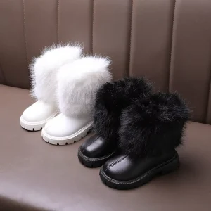 Black and White Booties for Baby Girls Fluffy Winter Kids Casual Shoes Fashionable Warm Teen Children’s Knee Boots