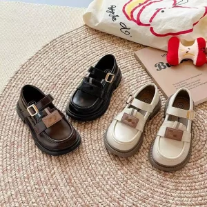 Black for Girls Trendy Buckle Strap Design Kids Loafers with Stylish Patch Detail for Little Ones Children’s Shoes