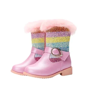 Blue Girls Princess Boots Children Plus Velvet Warm Snow Boots Comfortable Little Girls Party Boots