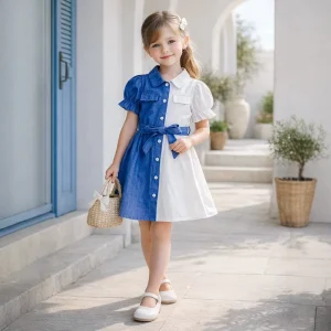 Blue White Spliced Puff Sleeve Collared Dress Kids Girl Waist Button Princess Summer Dress