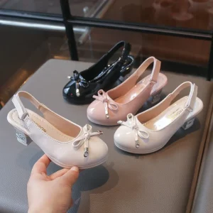 Bow Decorated Backless Closed Toe Low Heel Girls Shoes for Toddler Kids Party Wedding Daily Wear