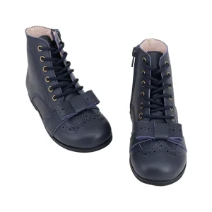 Bow Design in Front Shoes Navy Plain Grain Leather Children Shoes Classic Boots for Kids Girls