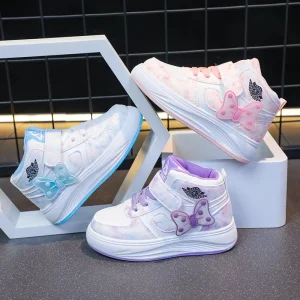 Bow-knot Design Casual Shoes for Children Girls Princess Sneakers High Top Kids Basketball Shoes