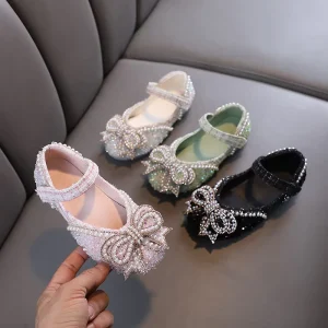 Bow knot Design New Flat Girls Shoes Fashion Black and Silver Children Dance Footwear Pretty Kids Wedding Party Shoes