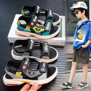 Boys Beach Sandals Summer Cartoon Print Soft Soled Non Slip Velcro Strap Ankle Sandals for Kids Shoes