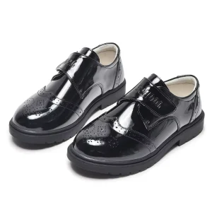 Boys Black Patent Leather Campus Shoes Hook and Loop Strap Kids Formal School Dress Shoes