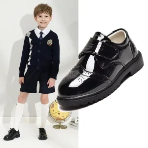 Boys Black Patent Leather School Shoes with Hook and Loop Strap Comfortable Kids Formal Dress Shoes