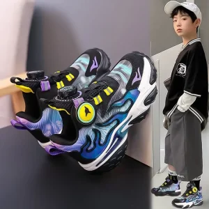 Boys’ Children’s Professional Basketball Shoes Lightweight Ankle Rotating Button Autumn Winter Leather for Primary School