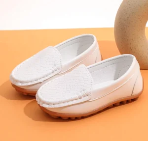 Boys Kids School Shoes White PU Look Loafers Breathable Lightweight Non Slip Rubber Bottom for Primary Middle School Students